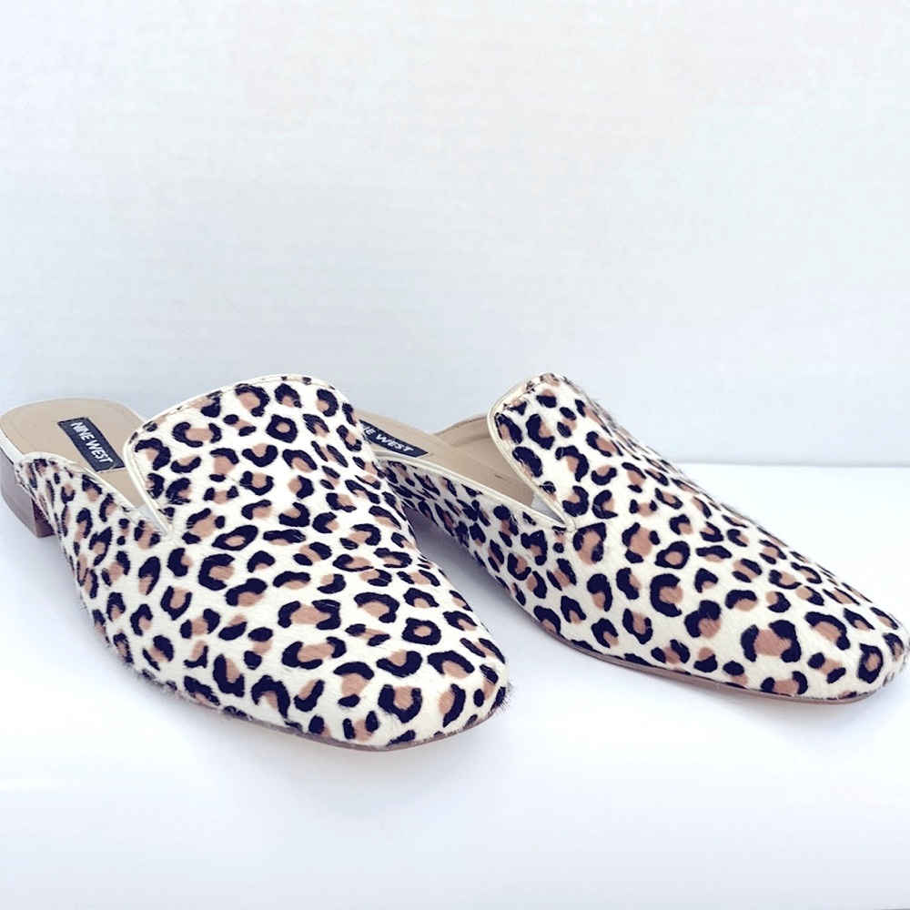 Nine West Cow fur leather tan black brown mules size 8M